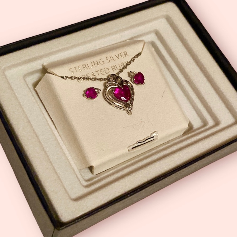 Sterling Silver Heart Necklace Earring Set with Created Ruby Stones Girlfriend